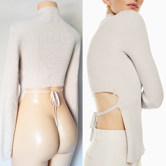 Aritzia Babaton Sculpt Knit Tie Back Sweater Long Sleeves Rib Mock Neck S $98 - Picture 16 of 16